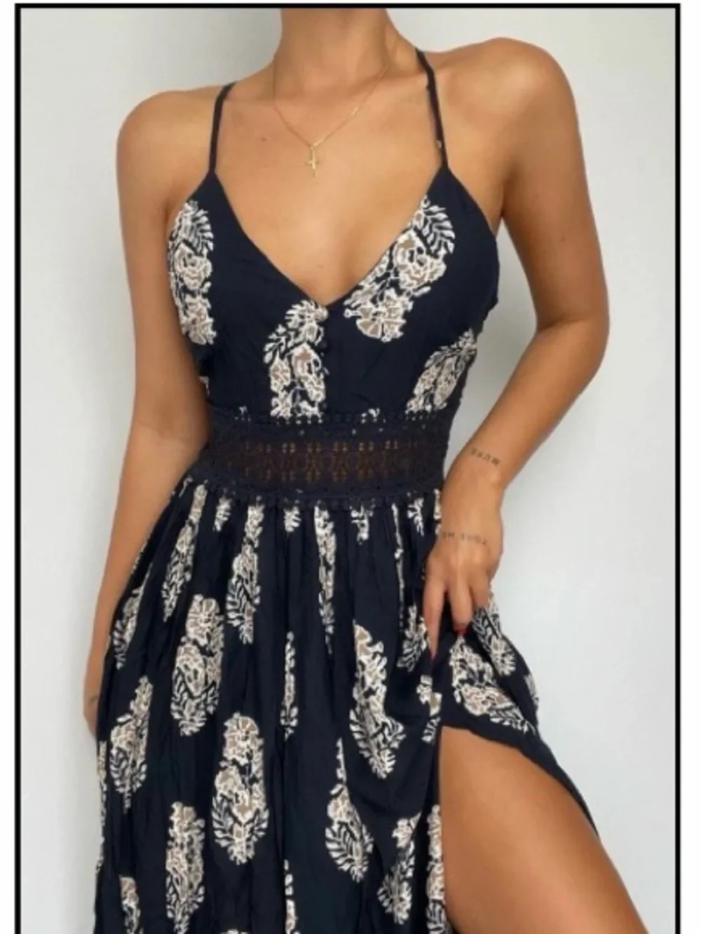 Navy Floral Maxi Crochet Waistband L Long Length Summer Dress Adjustable Straps - Picture 2 of 14